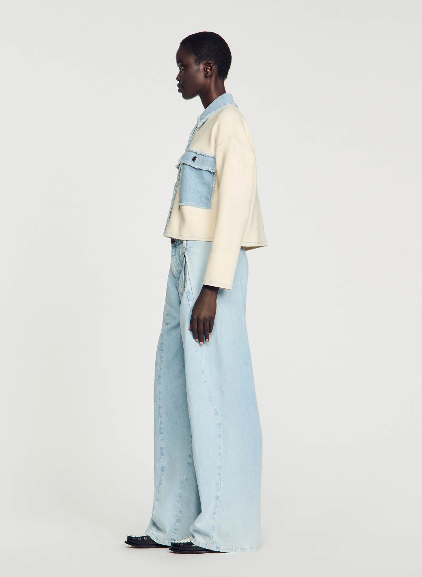 Cardigan oversize col classique bi matière| Blanc