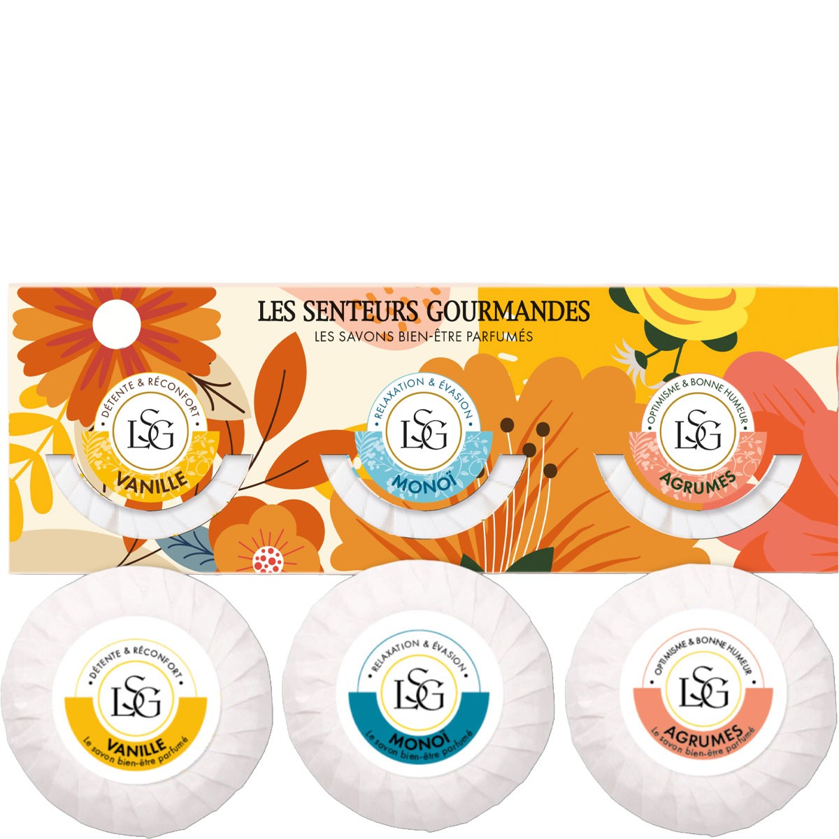 Coffrets savons parfumés - Monoï, vanille & agrumes - 3 x 70 g