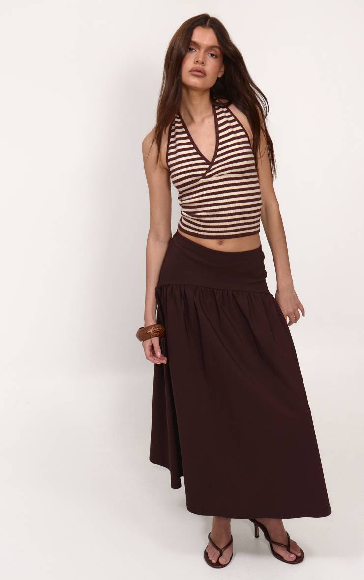 Chocolat Jupe Midaxi Tissée Stretch À Taille Basse