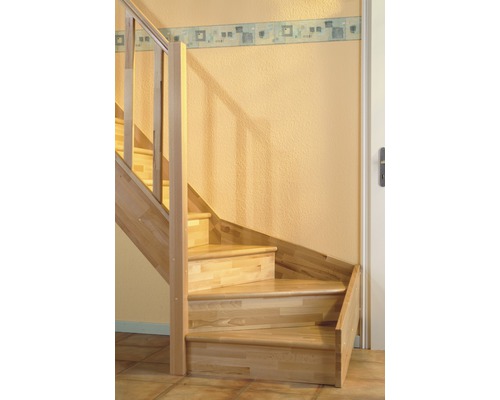Pertura Elenie beukenhouten trapboom, onbehandeld, zonder stootborden, kwartslag, linksonder, 83,5 cm, 16 treden / 17 stootborden, zonder leuning