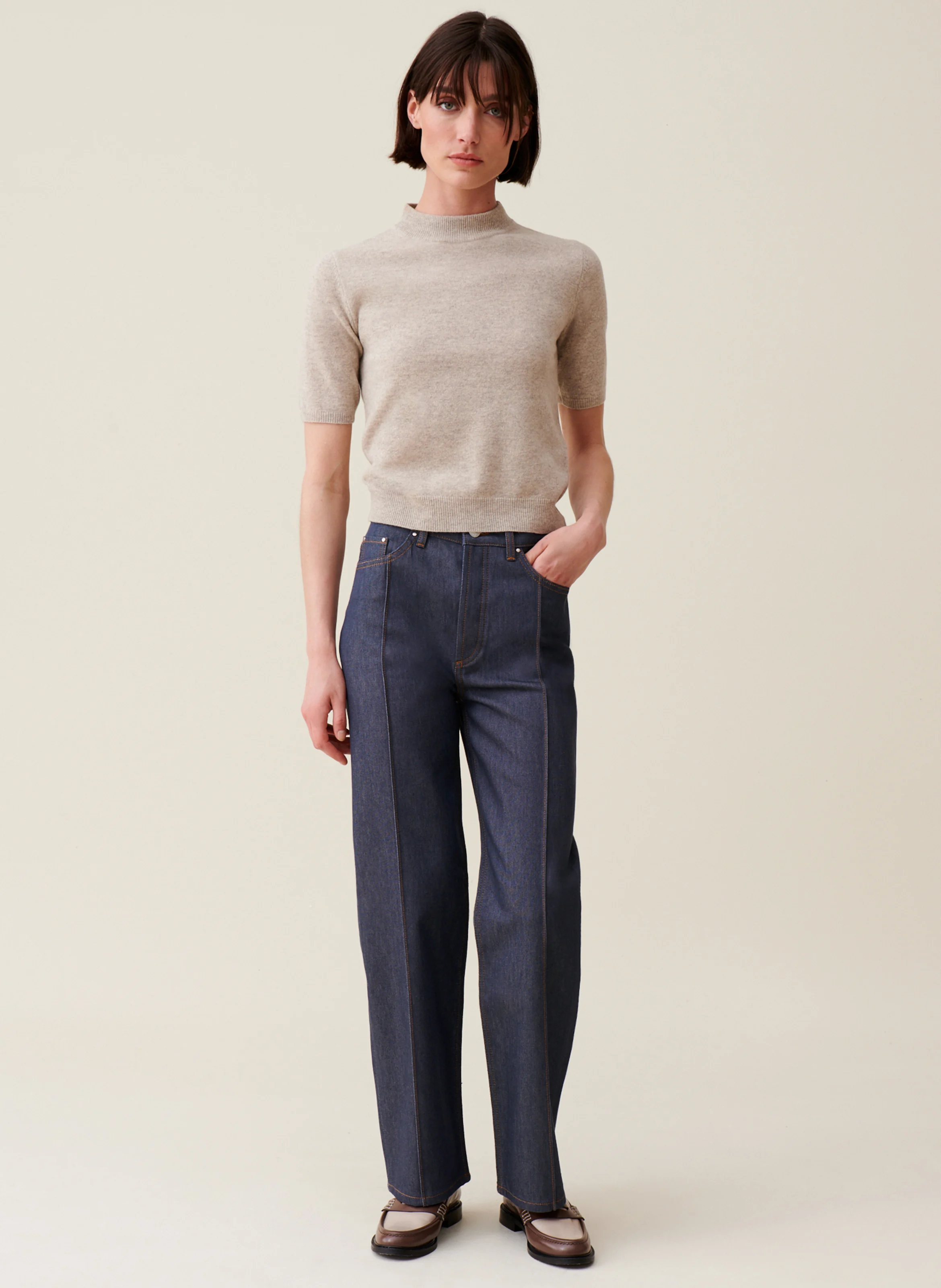 Pull manches courtes en laine | Beige