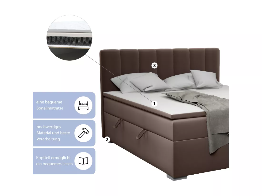 LIT BOXSPRING avec surmatelas Monaco 180x200 cm, brun foncé (Jasmine 28)