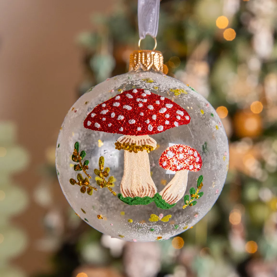 Lot de 6 boules de Noël en verre (D80 mm) Champignon des bois Transparent