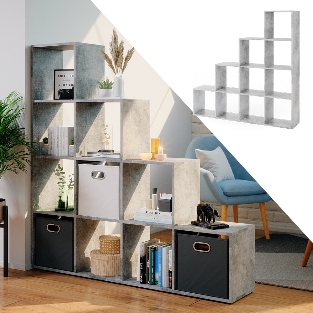VICCO Treppenregal 10 Fächer Grau Beton - Raumteiler Stufenregal Bücherregal