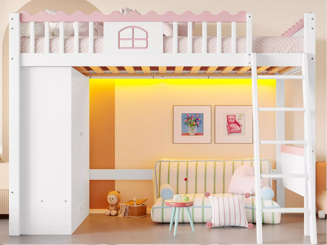 Lit mezzanine simple 90 x 200 cm - Lit enfant - Avec éclairage LED - Avec penderie - Avec tiroir de rangement - Blanc (sans matelas)