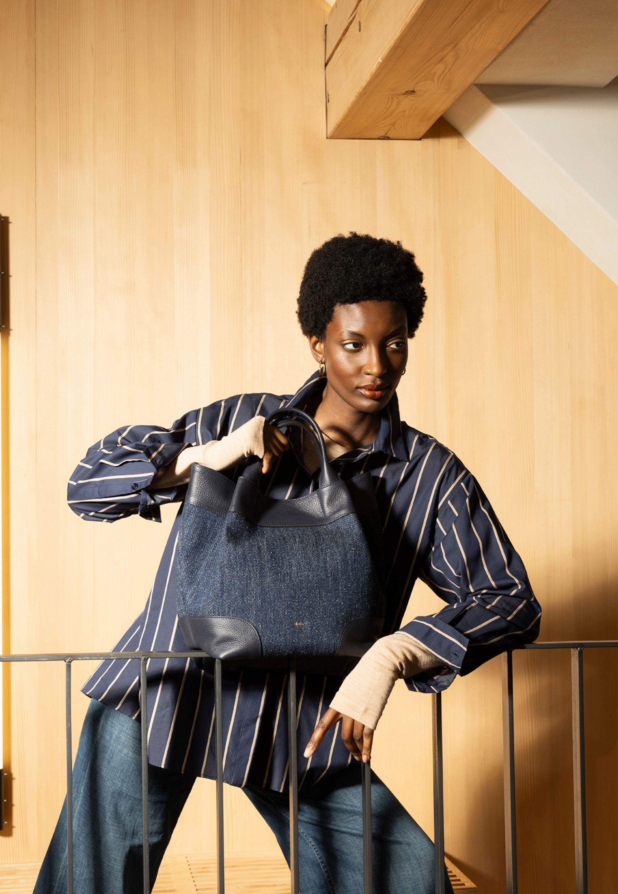 Shopper ESSENTIAL medium Leather Denim Wool Standard