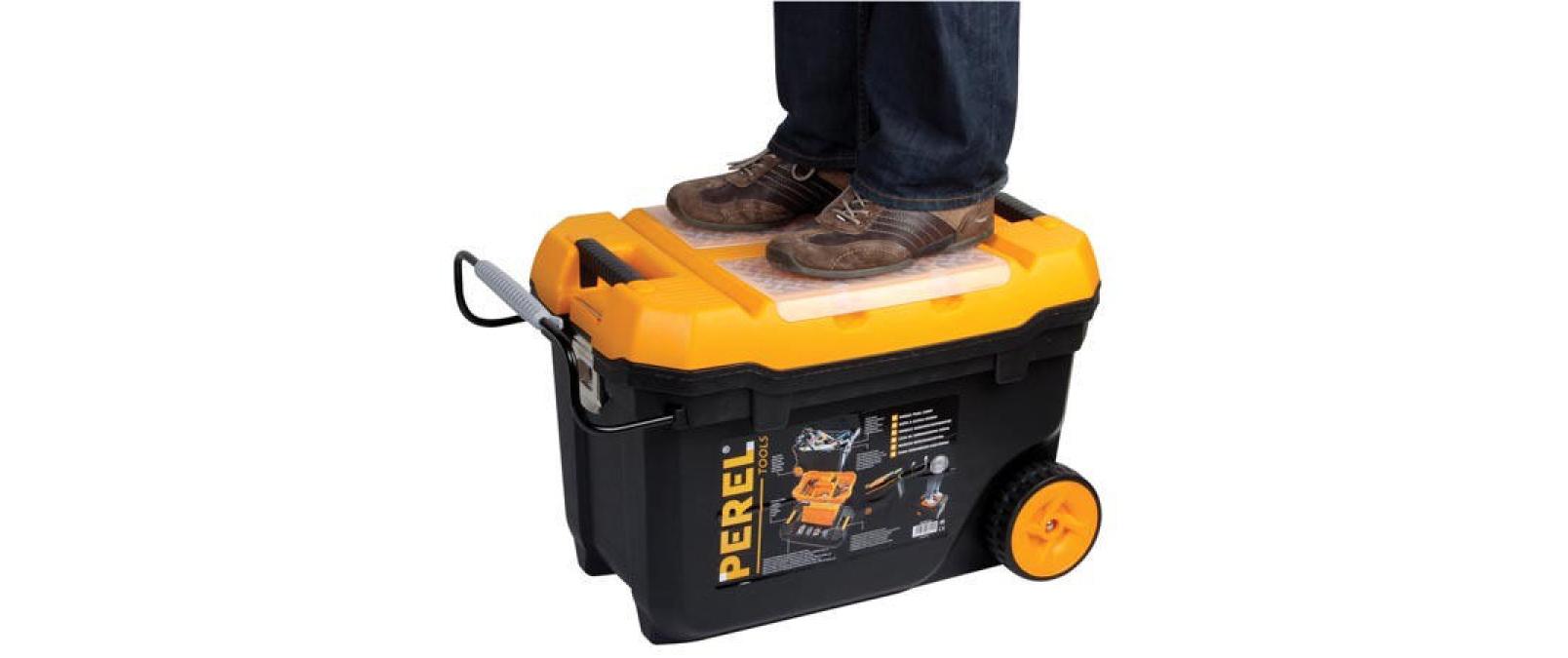 Werkzeugbox mit Rollen<br>Mit Teleskophandgriff und Gummirollen