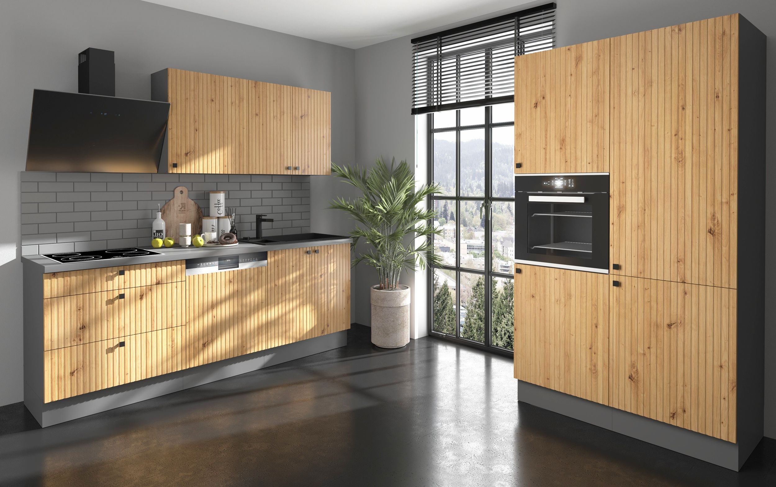 Küche AVA 220+120 cm Anthrazit Eiche Artisan Küchenzeile Küchenblock