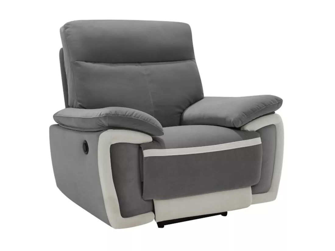 Fauteuil relax électrique en velours METTI - Gris et bandes écru