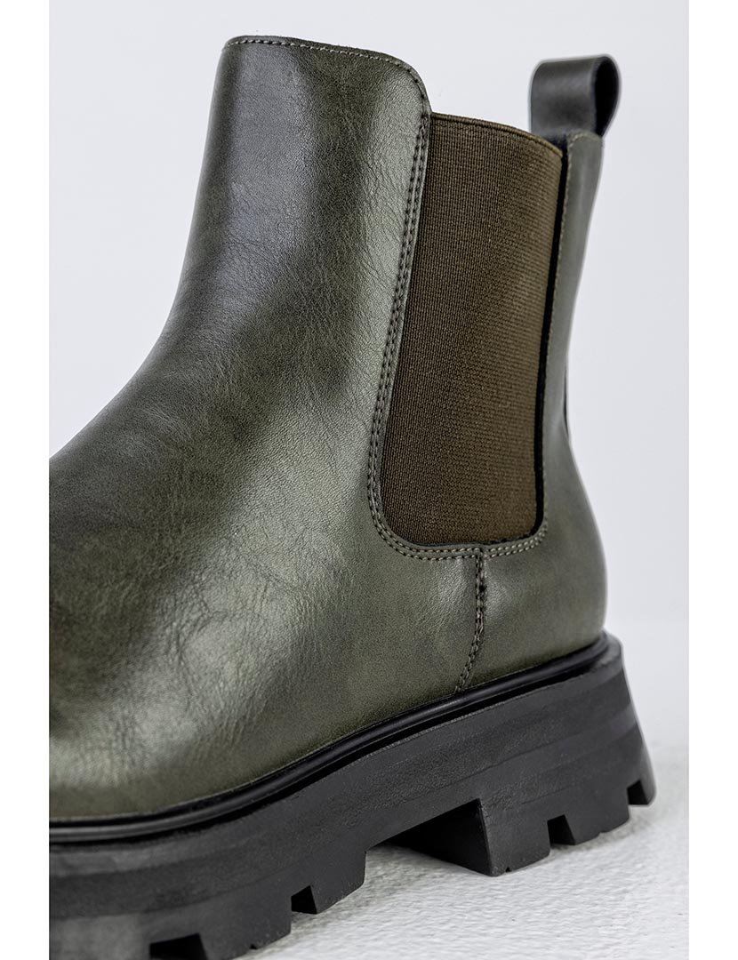 Khaki Green Leather Chelsea Boots