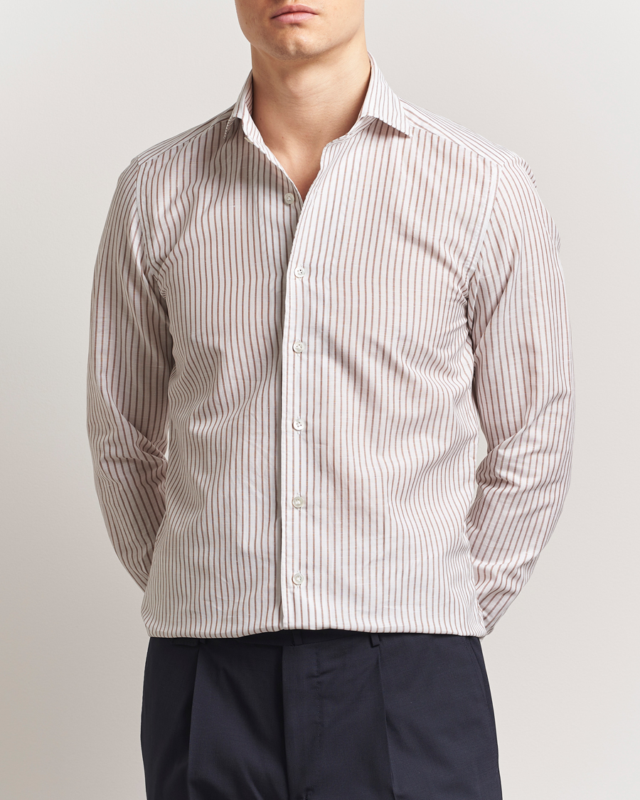 100Hands Cut Away Striped Linen Shirt Brown