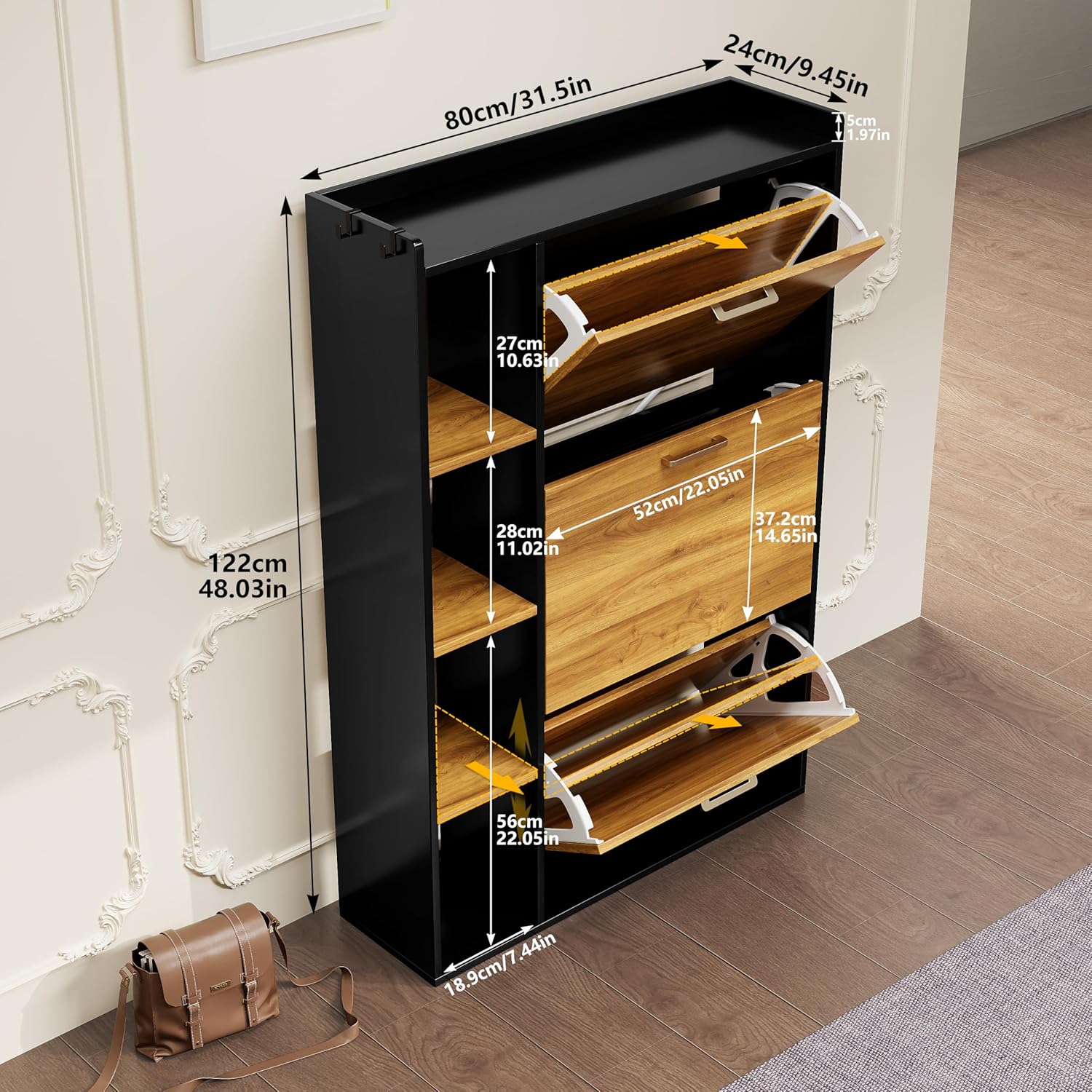 Meuble à Chaussures 18-24 Paires Meuble de Rangement à Chaussure avec 4 Compartiments de Rangement pour Salon, Couloir, entrée 80x24x122cm Noir et Orange NT2901929