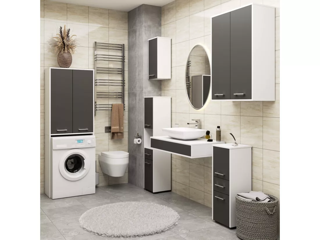 meuble machine a laver 2 portes 4 étagères 180x64x30 cm porte grise