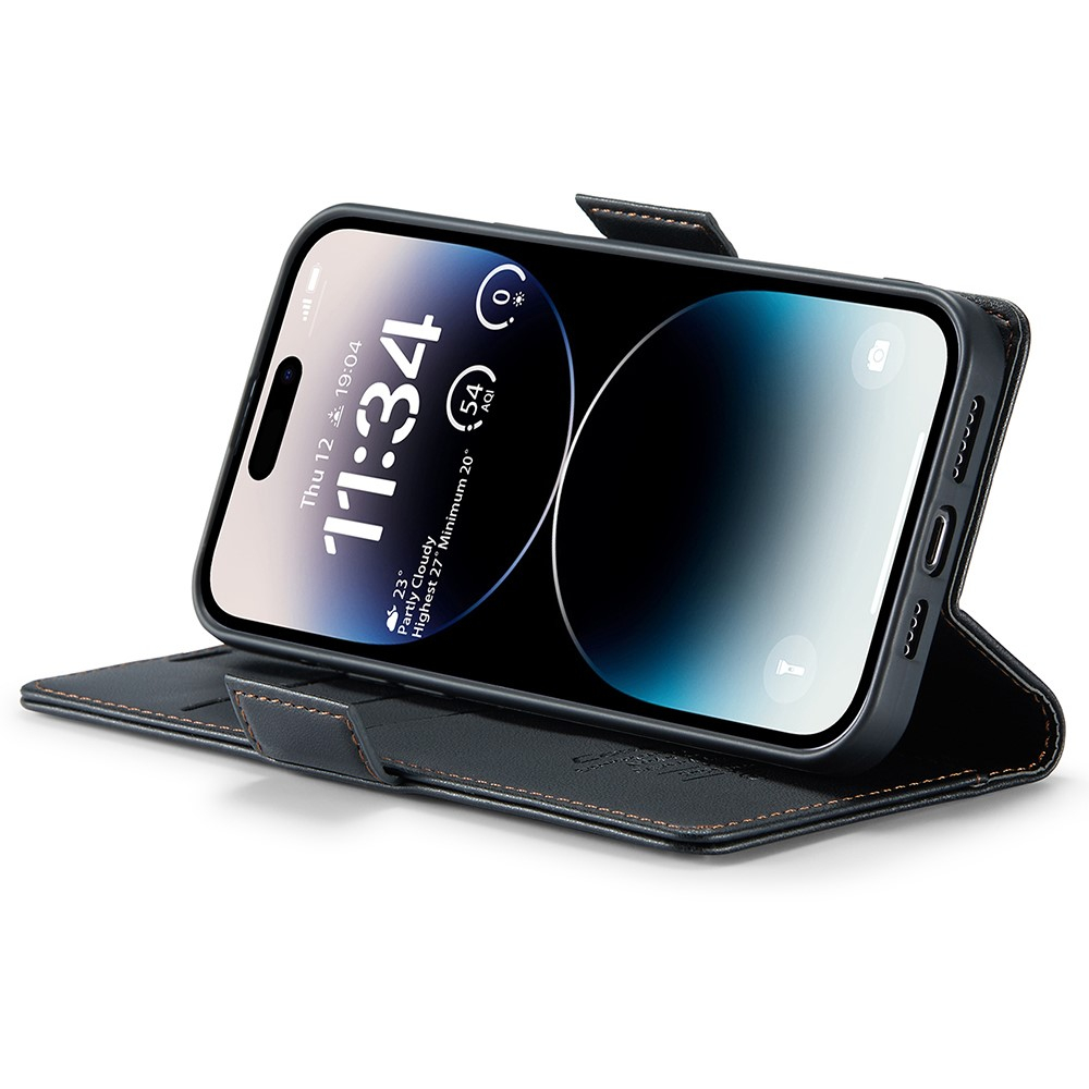 iPhone 15 Pro Leder Tasche Flip Wallet Etui mit Kartenfächern Litchi Look (RFID Schutz) - Schwarz
