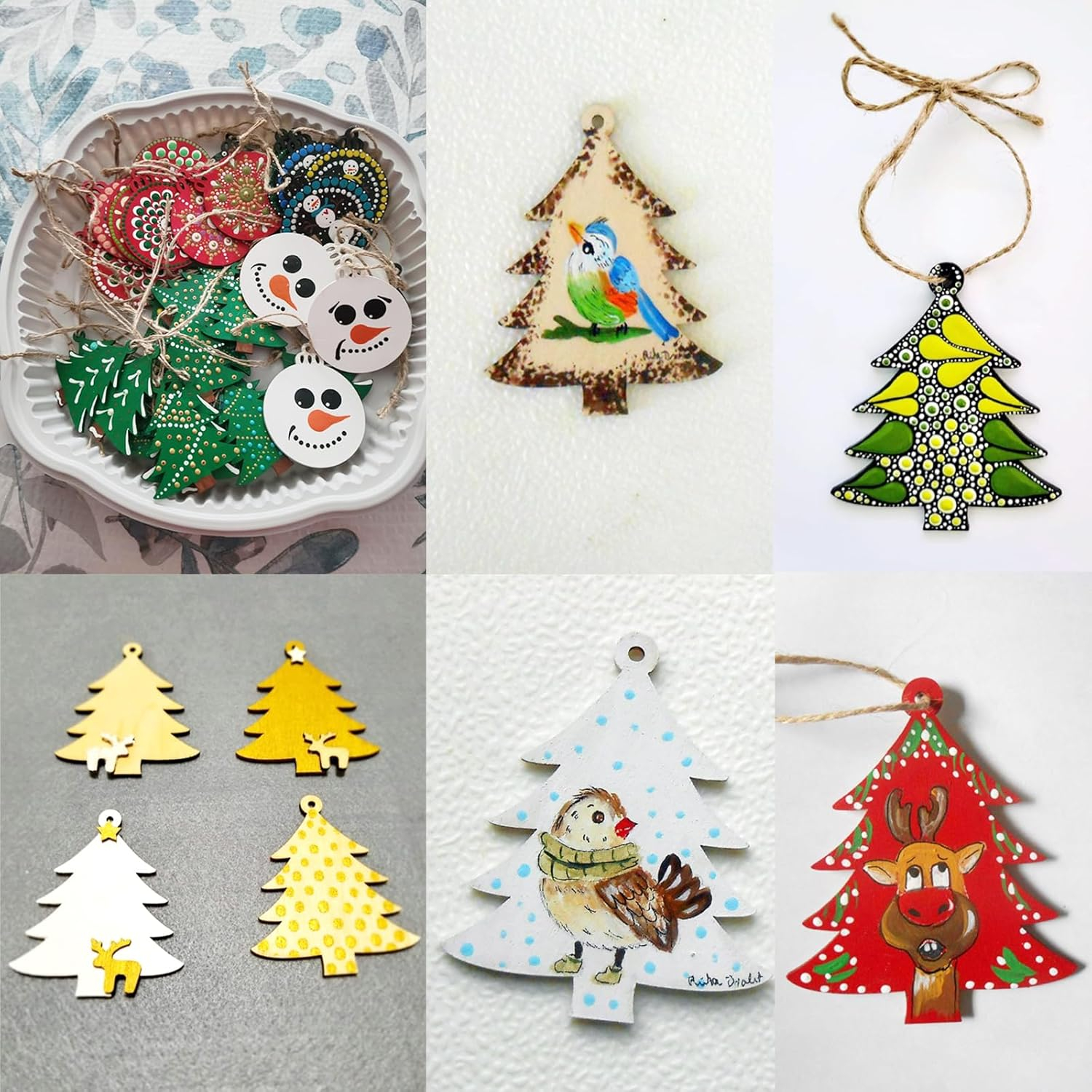 (10er Set) Christbaum Deko Holz Weihnachts DIY Bastel Zubehör Tannenbäume inkl. Seil - Braun