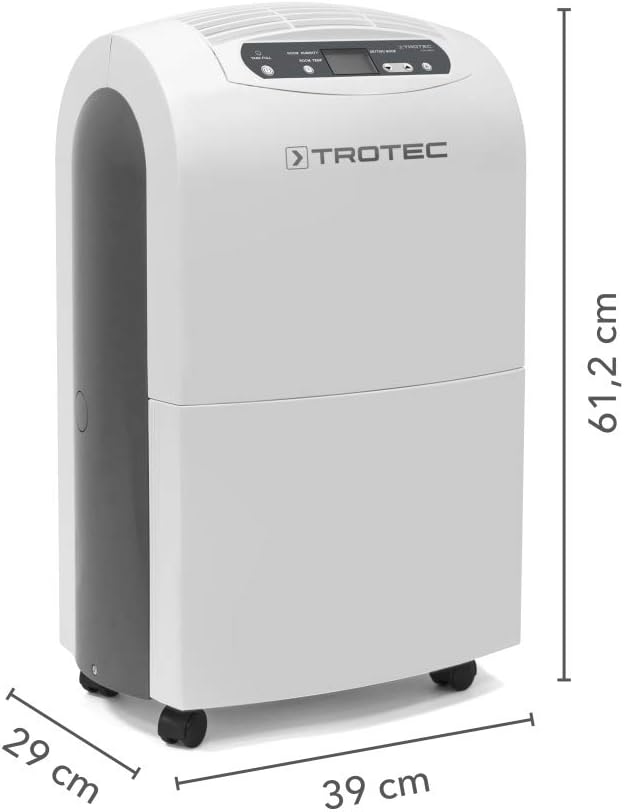TROTEC Elektrischer Luftentfeuchter TTK 100 E – Entfeuchtungsleistung 30 L/24h, für Räume bis 90 m² / 230 m³ – Raumentfeuchter mit Heißgas-Abtauung – Dauerbetrieb oder 4,3L Wassertank