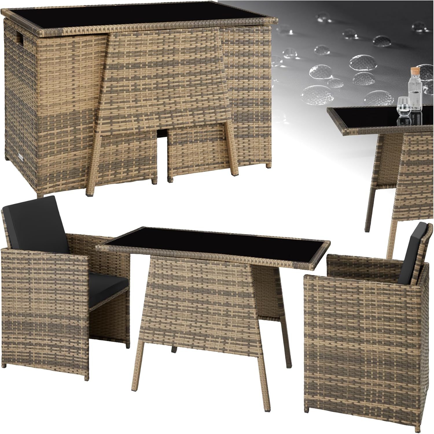 tectake® Poly Rattan Sitzgruppe für 2 Personen, Outdoor Möbel platzsparend zusammenschiebbar, 2 Sessel & 1 Tisch, ideales Balkon Lounge Set, Gartenmöbel, Terrassenmöbel wetterfest - Natur