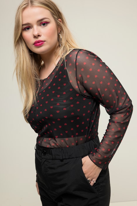 Mesh-Longsleeve, Regular Fit, Heart-Print, Rundhals