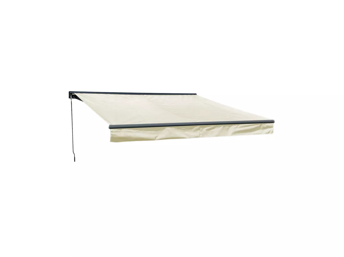 Store banne SAULE 3,5 × 3m avec semi-coffre - Toile beige et structure grise - HAPPY GARDEN