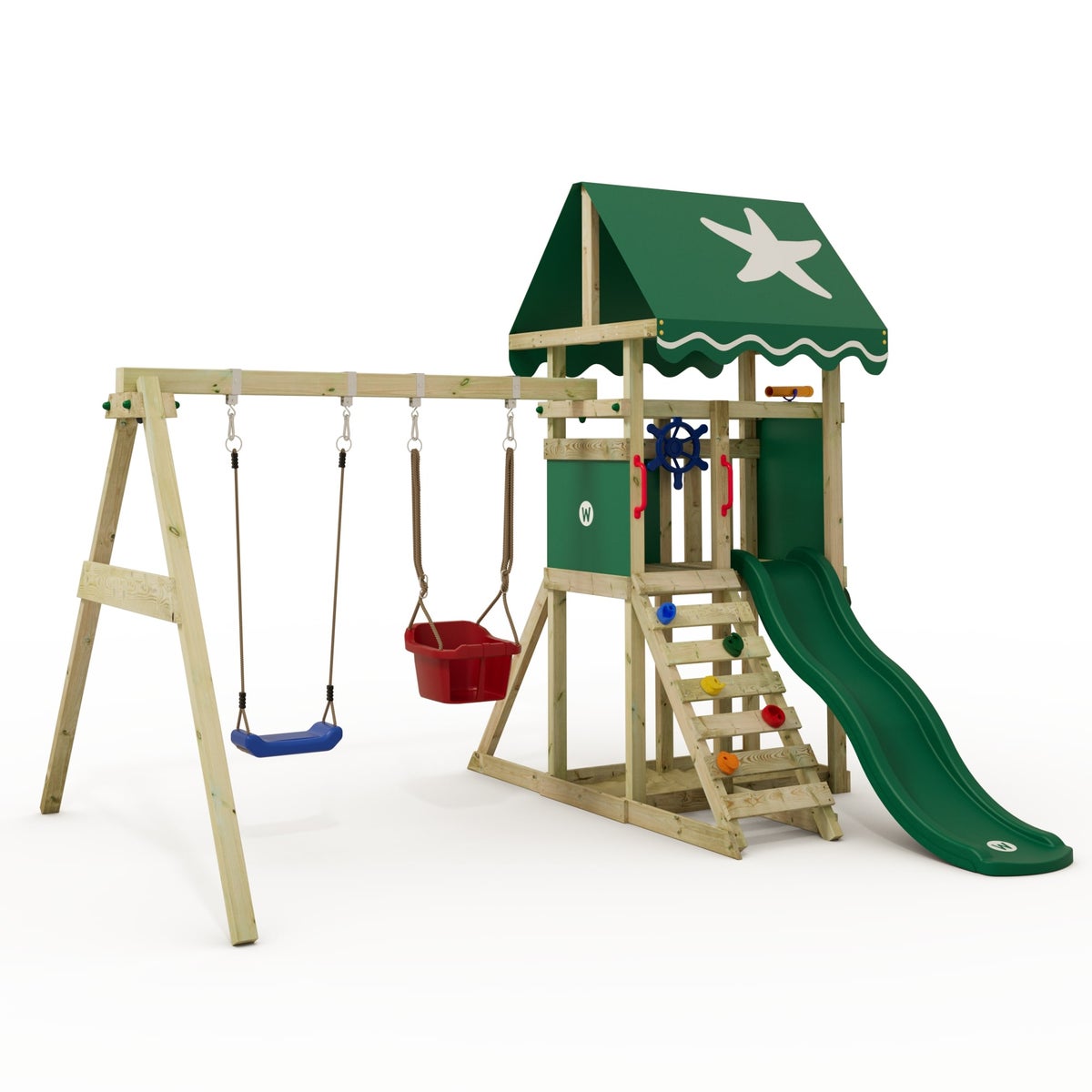 WICKEY DinkyStar Speeltoren Klimrek met Schommel en Glijbaan, Klimtoren met Zandbak, Ladder en Speelaccessoires – Groen