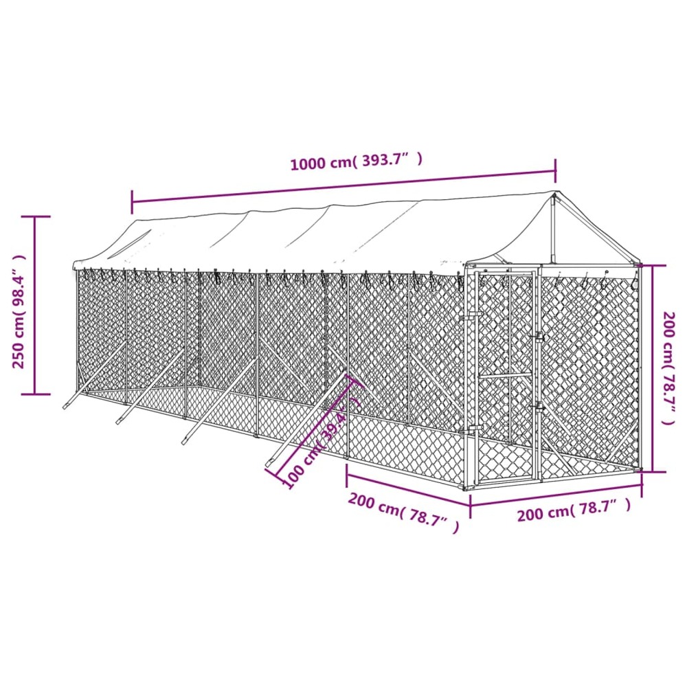 Chenil d'extérieur pour chiens avec toit argenté 2x10x2,5 m
