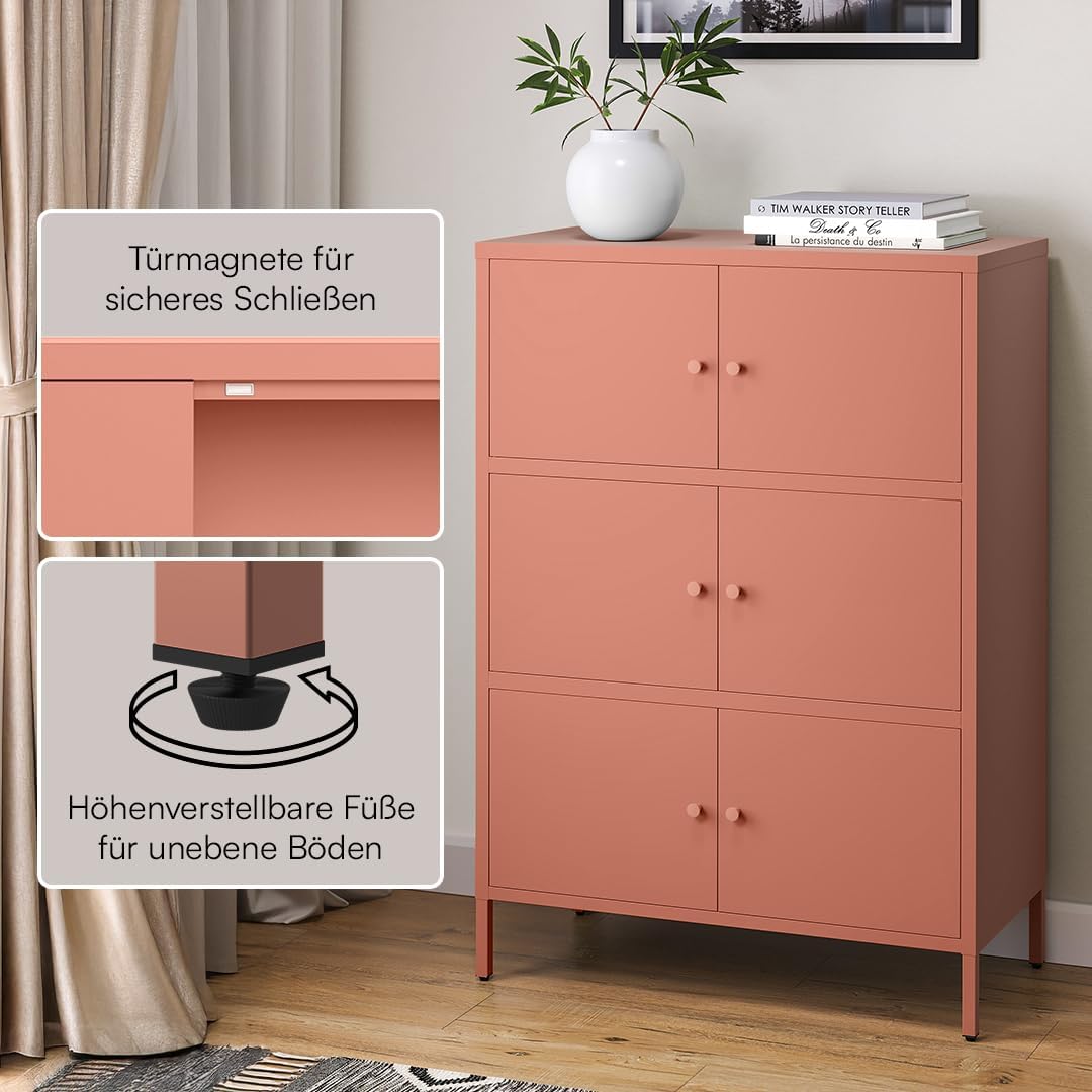 skølm Atriona Metall Kommode – Sideboard mit 3 Fächern & 6 Türen – Metallschrank in Terrakotta – Mehrzweckschrank – Highboard 80 cm breit – höhenverstellbare Füße – Aufbewahrungsschrank – Flurschrank