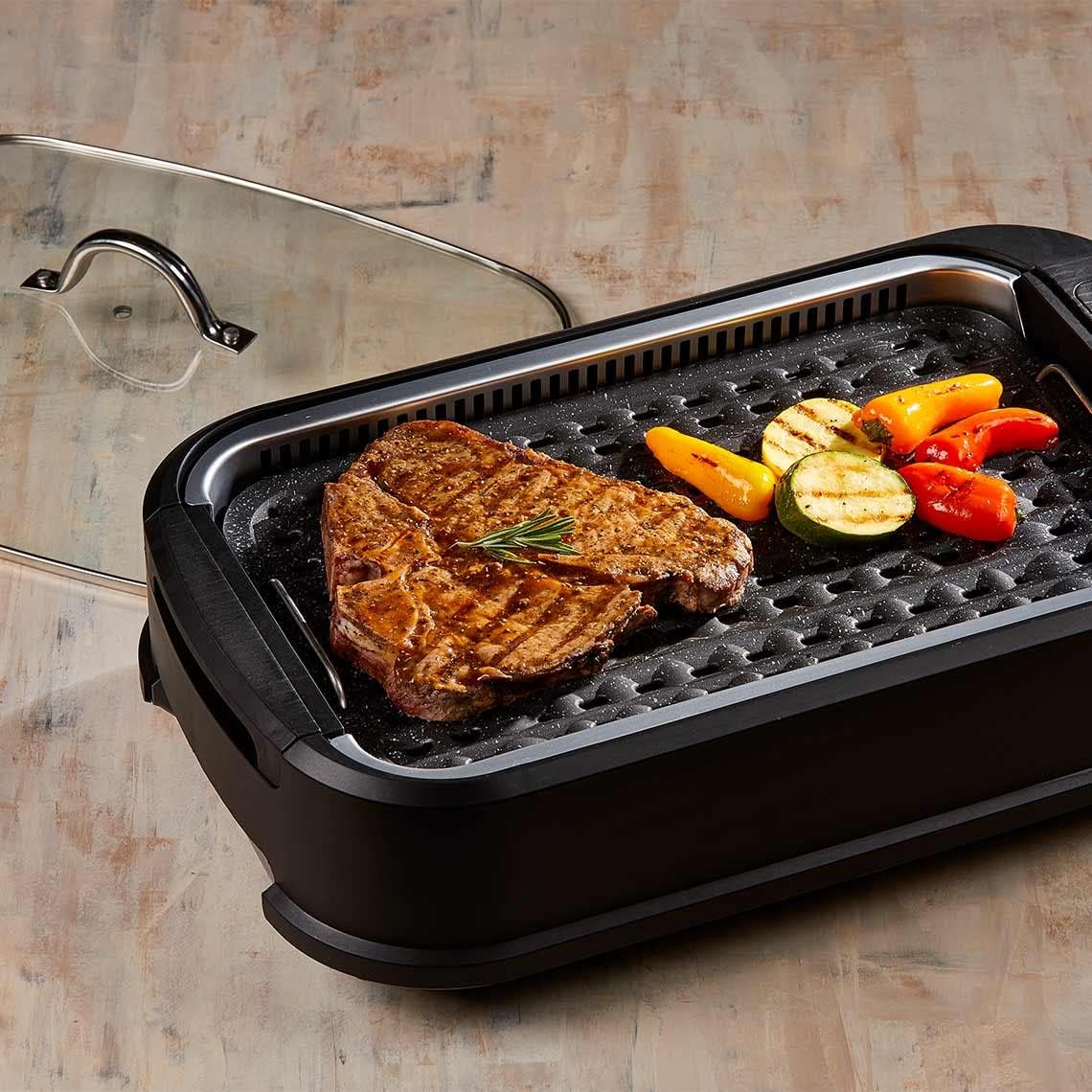PowerXL Smokeless Grill - elektrischer Tischgrill mit Grillplatte, Grillrost & Glasdeckel - Indoor Grill 1500W mit Anti-Haft-Beschichtung & Aromafunktion - Grill elektrisch - Elektro Grill für zuhause
