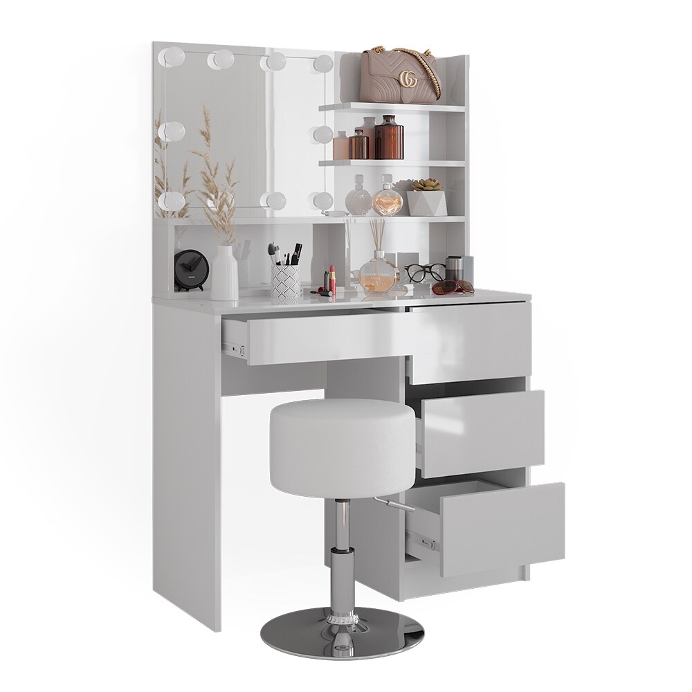 Vicco Schminktisch Sherry Weiß Hochglanz 90 x 75 cm Spiegel LED & Hocker Regal