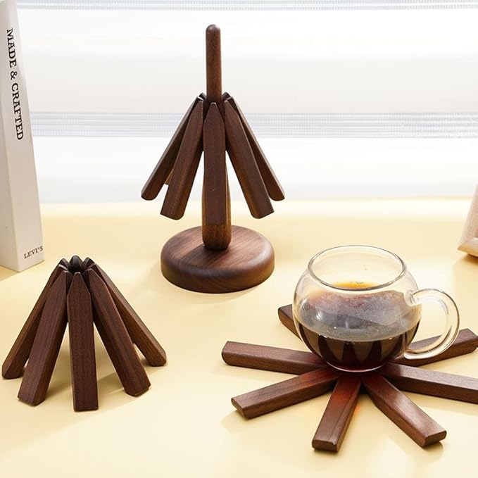 (4-tlg. Set) Ø20cm Holz Baum Topf Untersetzer Küchen Deko Klappbarer Telleruntersetzer inkl. Ständer - Braun