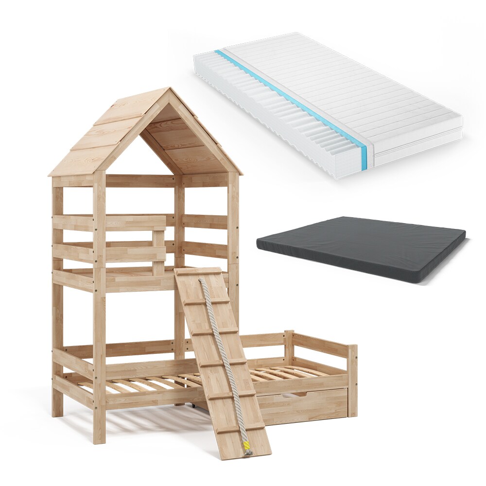 VitaliSpa Spielturmbett Kinderbett Spielbett Teddy Natur modern 208x235 cm Massivholz Kinderzimmer Lattenrost Bett Schublade Matratze Abenteuerbett Kletterbett