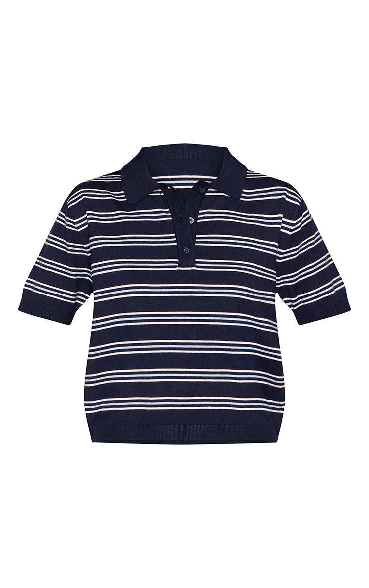 Bleu Marine Polo Tricoté À Rayures Et Manches Courtes