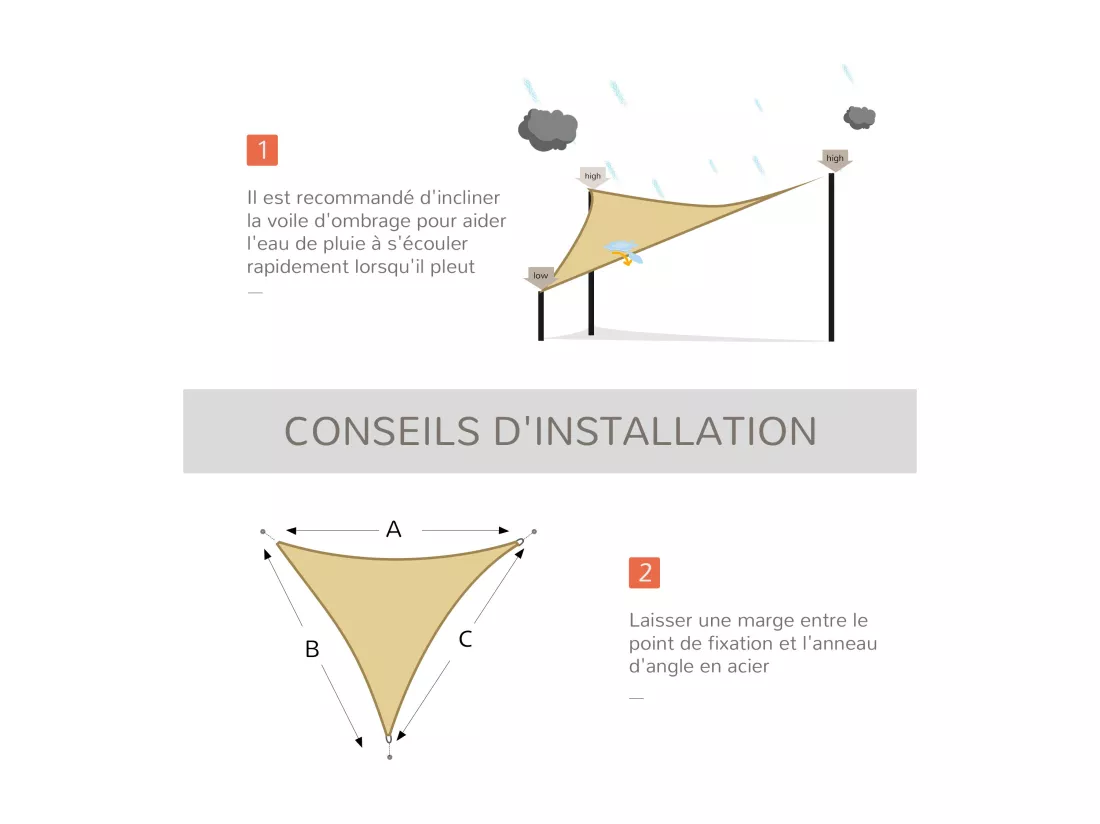 Voile d'ombrage triangulaire grande taille 4 x 4 x 4 m polyéthylène haute densité résistant aux UV coloris sable