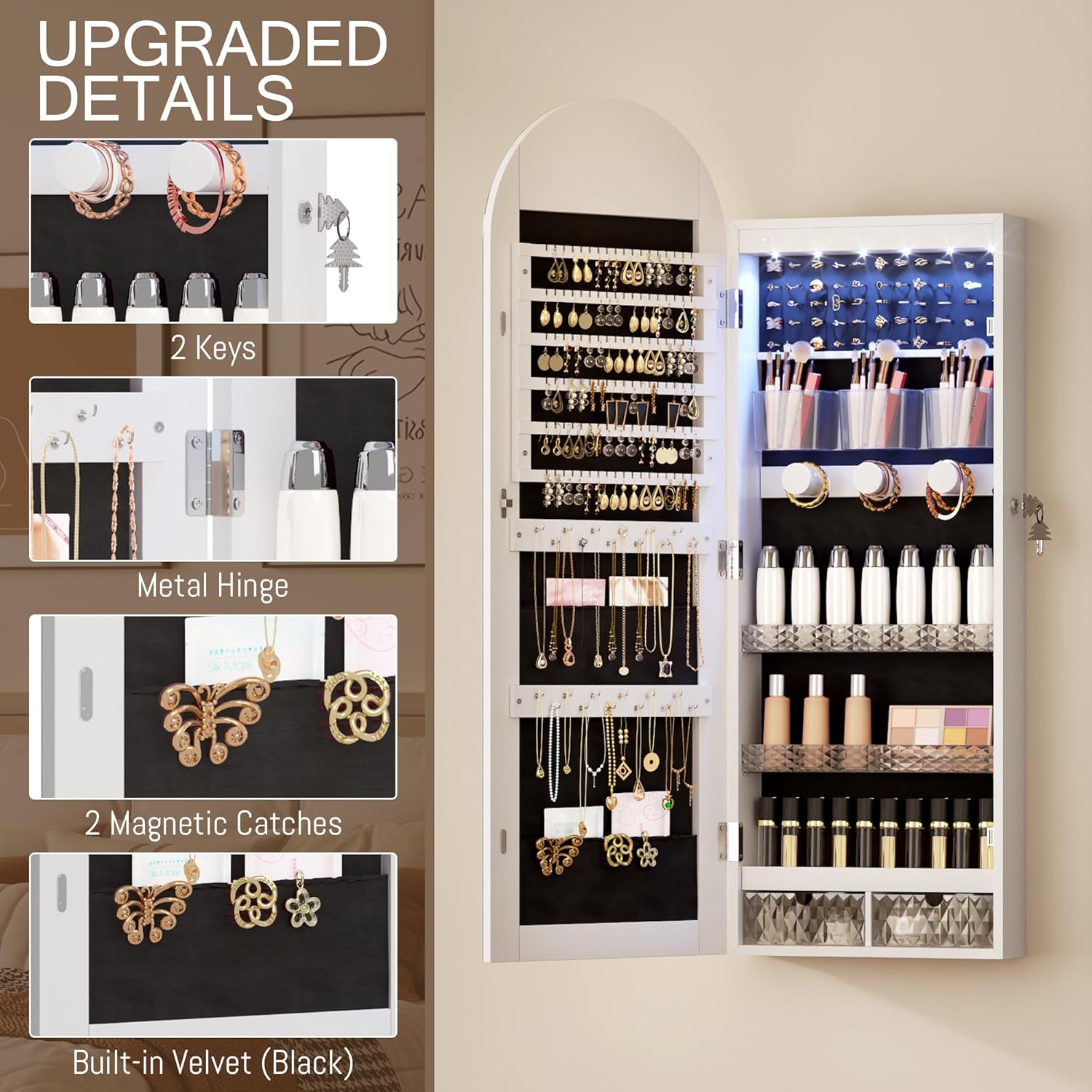 LVSOMT LED Gewölbter Schmuckschrank Hängend, Schmuckschrank mit Spiegel und Licht, Wand/Tür Hängend Schmuck Schrank Abschließbarer, Bogen Spiegel mit 3 Farben Licht, Höhenverstellbarer Haken, Weiß