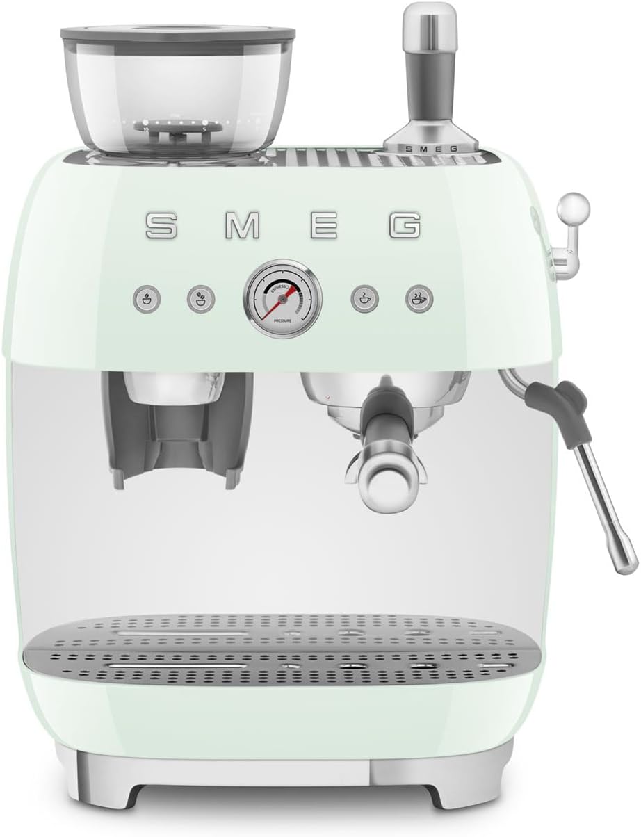 Smeg, Machine à Café Expresso Manuelle EGF03CREU, avec Broyeur à Grain Intégré, Thermoblock, 4 Niveaux de Température, Buse Vapeur et Manomètre, Réservoir 1 L, Dimensions Compactes, 1350W, Crème