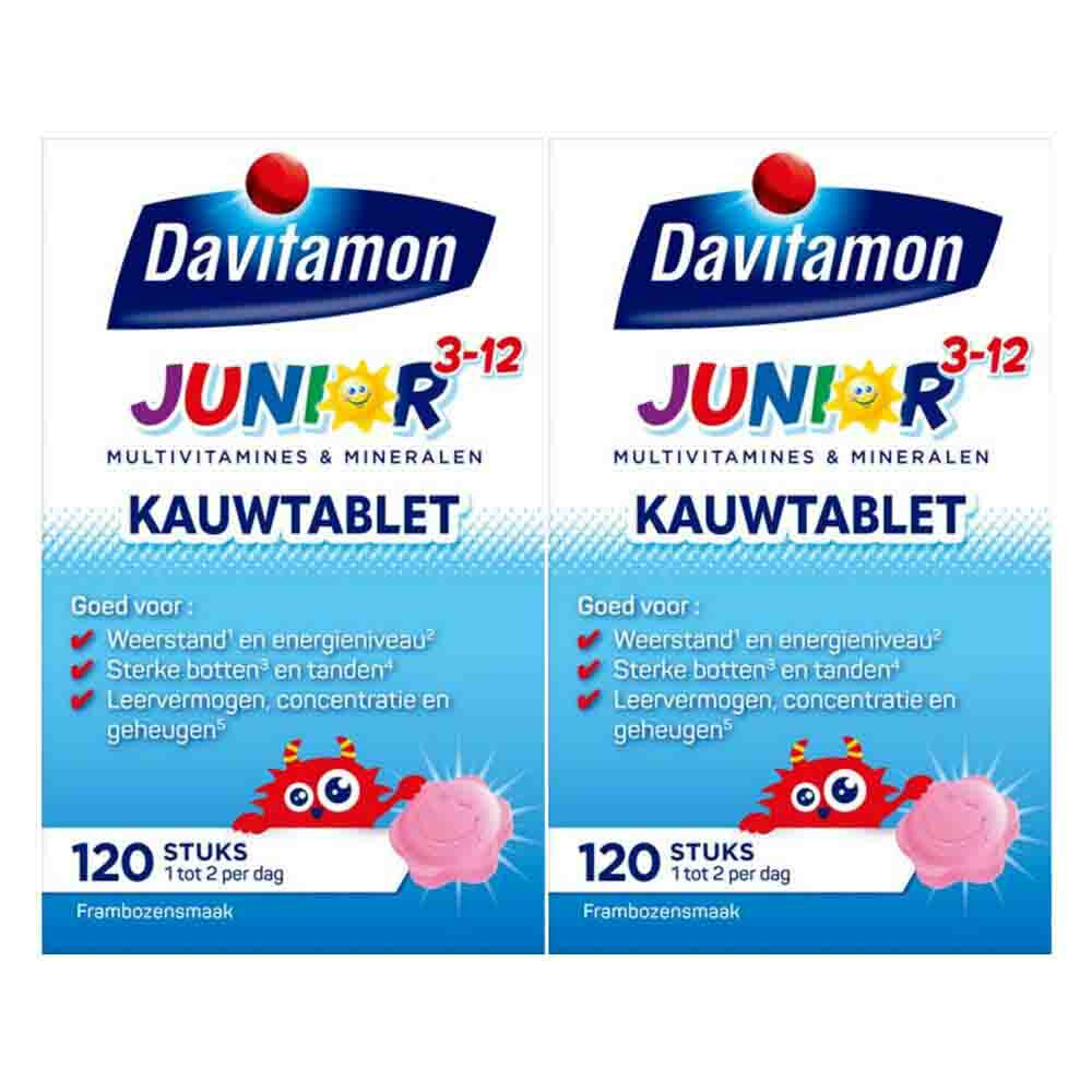 2x Davitamon Junior 3+ Kauwvitamines Framboos120 kauwtabletten