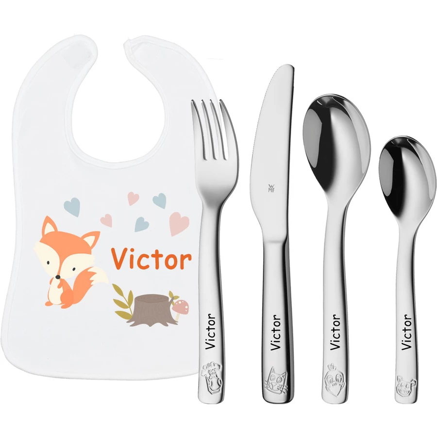 Schnullireich Geschenkset mit Namen WMF Kinderbesteck Farm + Baby Lätzchen Fuchs Silber
