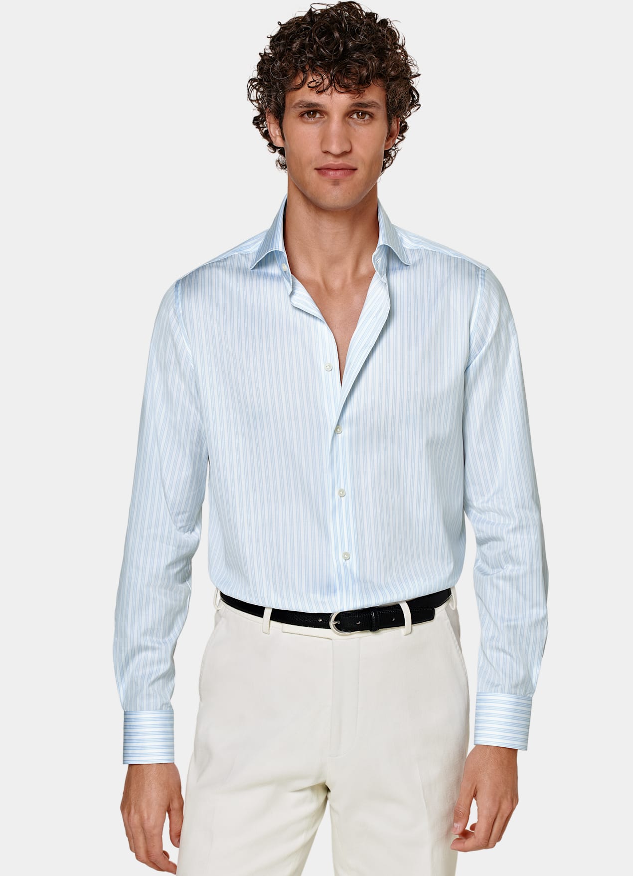 Chemise coupe ajustée en popeline bleu clair à rayures