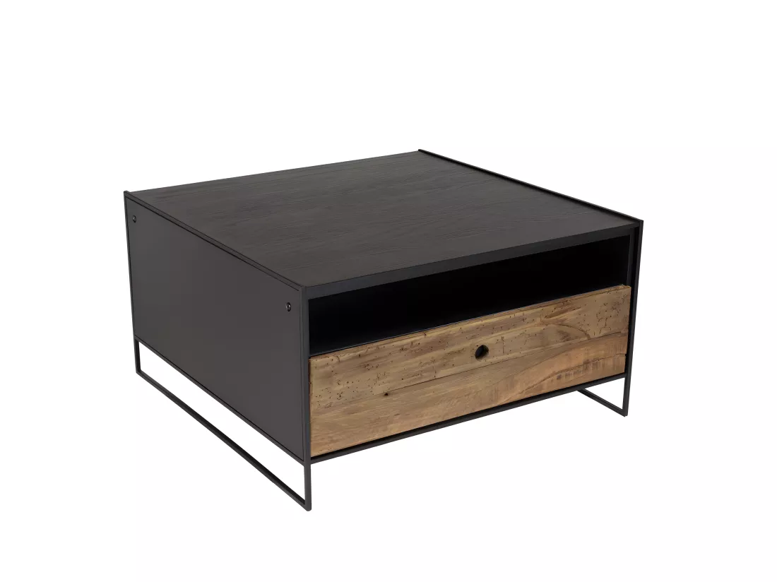ANDREA - Table basse noire 80x80cm 1 tiroir bois Pin recyclé et métal