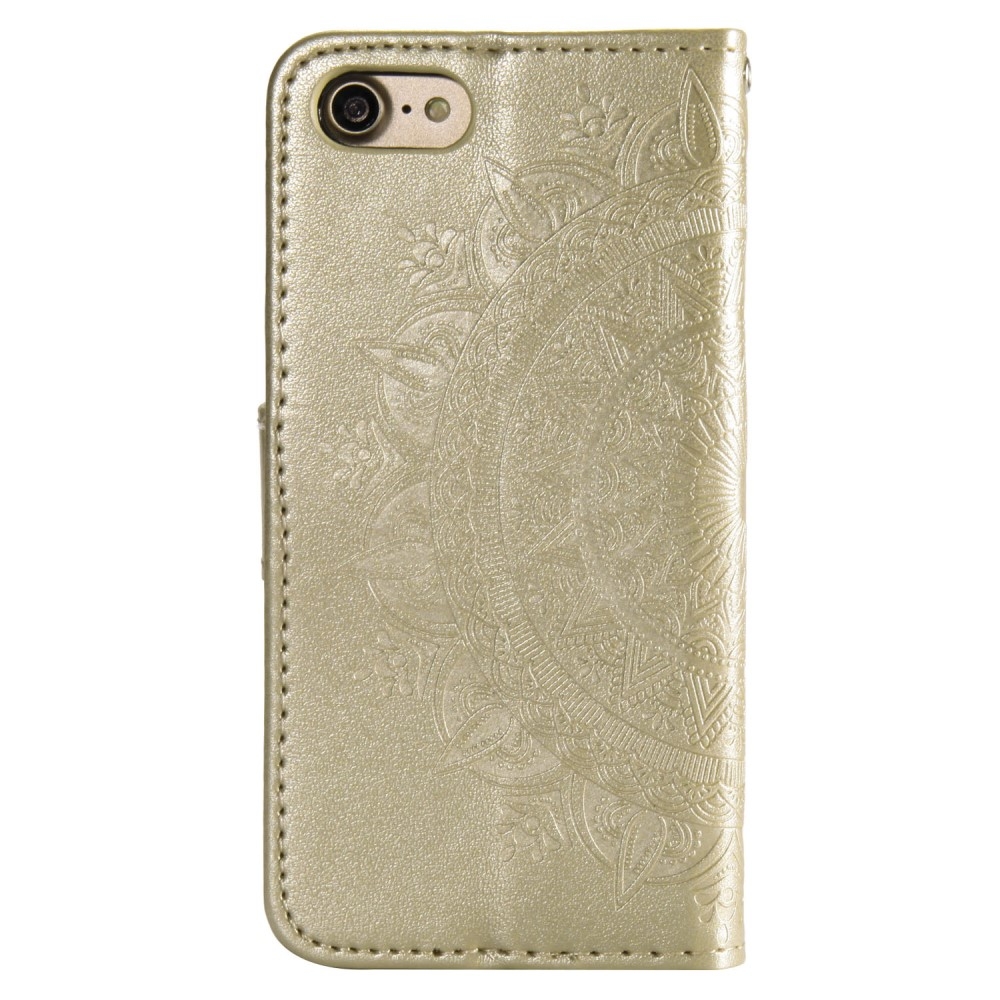 iPhone SE (2022/2020) / 8 / 7 / 6S Leder Tasche Wallet - Mandala Flowers Imprint - Gold
