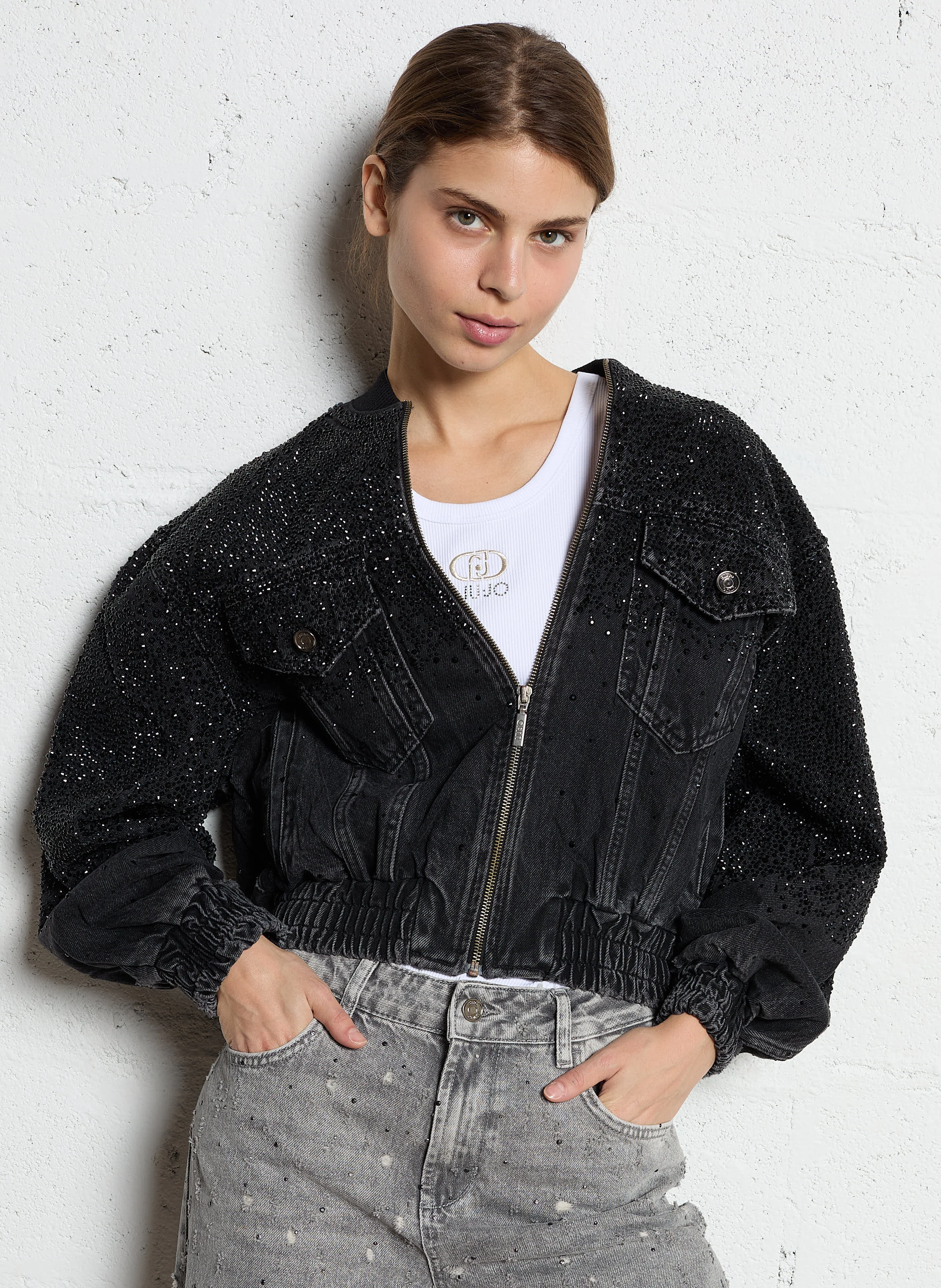Bomber en denim à strass | Noir