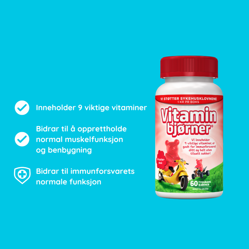 Vitaminbjørner tyggetabletter med bringebærsmak 60 stk