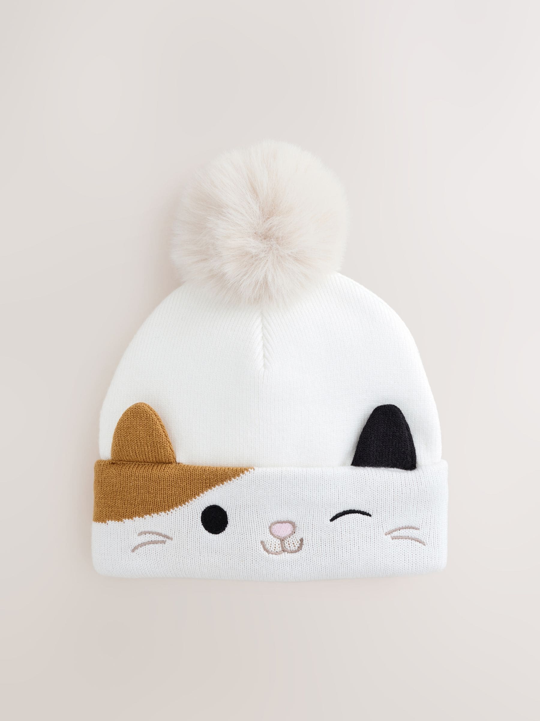Ecru - Squishmallow Cat 3D Pom Beanie Hat (5-13yrs)