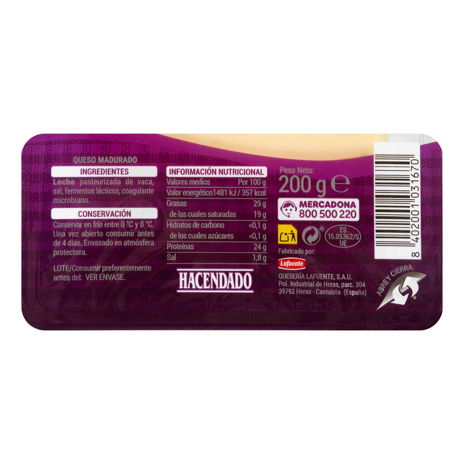 Tranches de fromage de vache sans lactose Hacendado