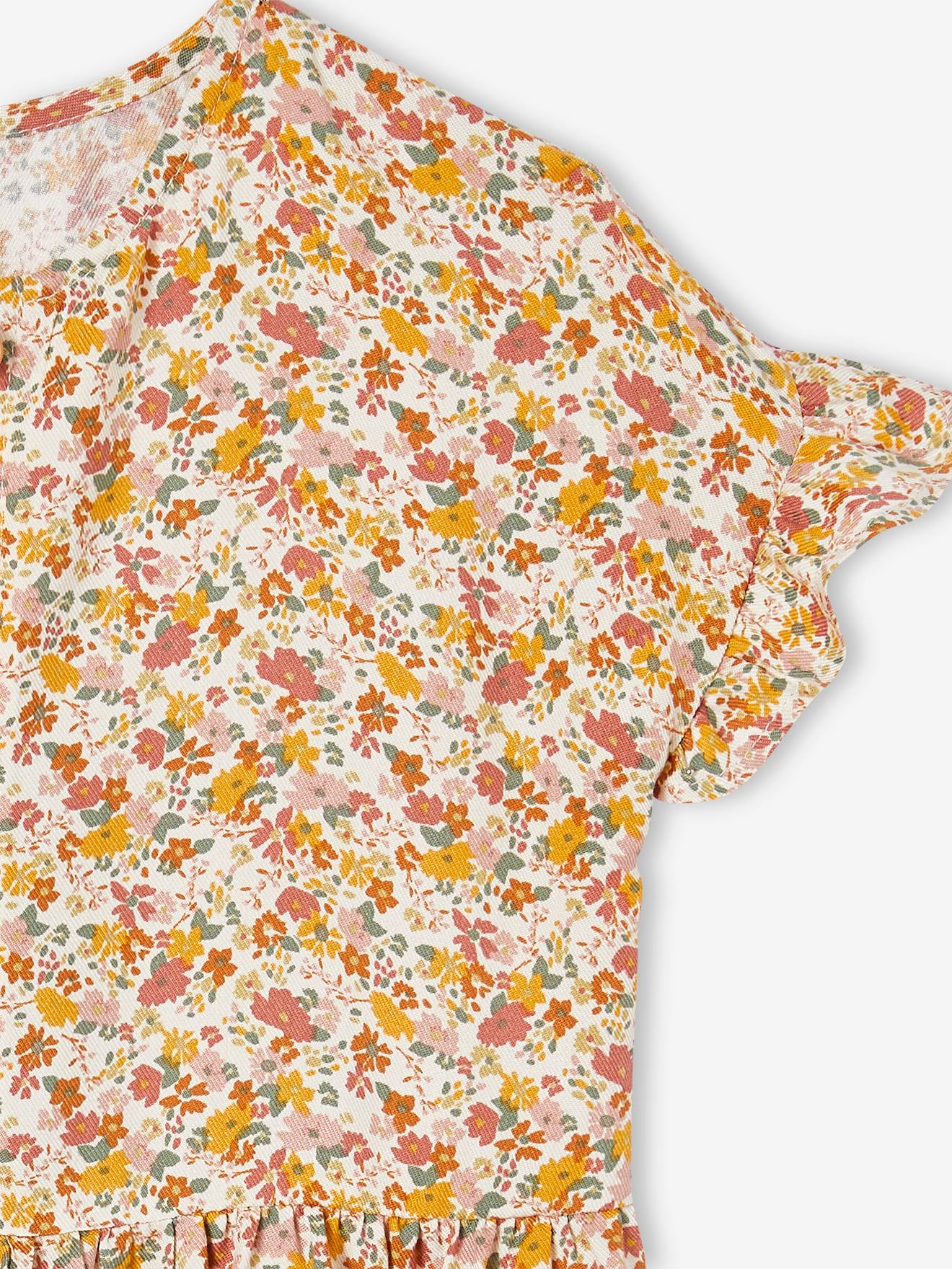 Vestido com botões e estampa floral, para meninas, na cor bege claro.