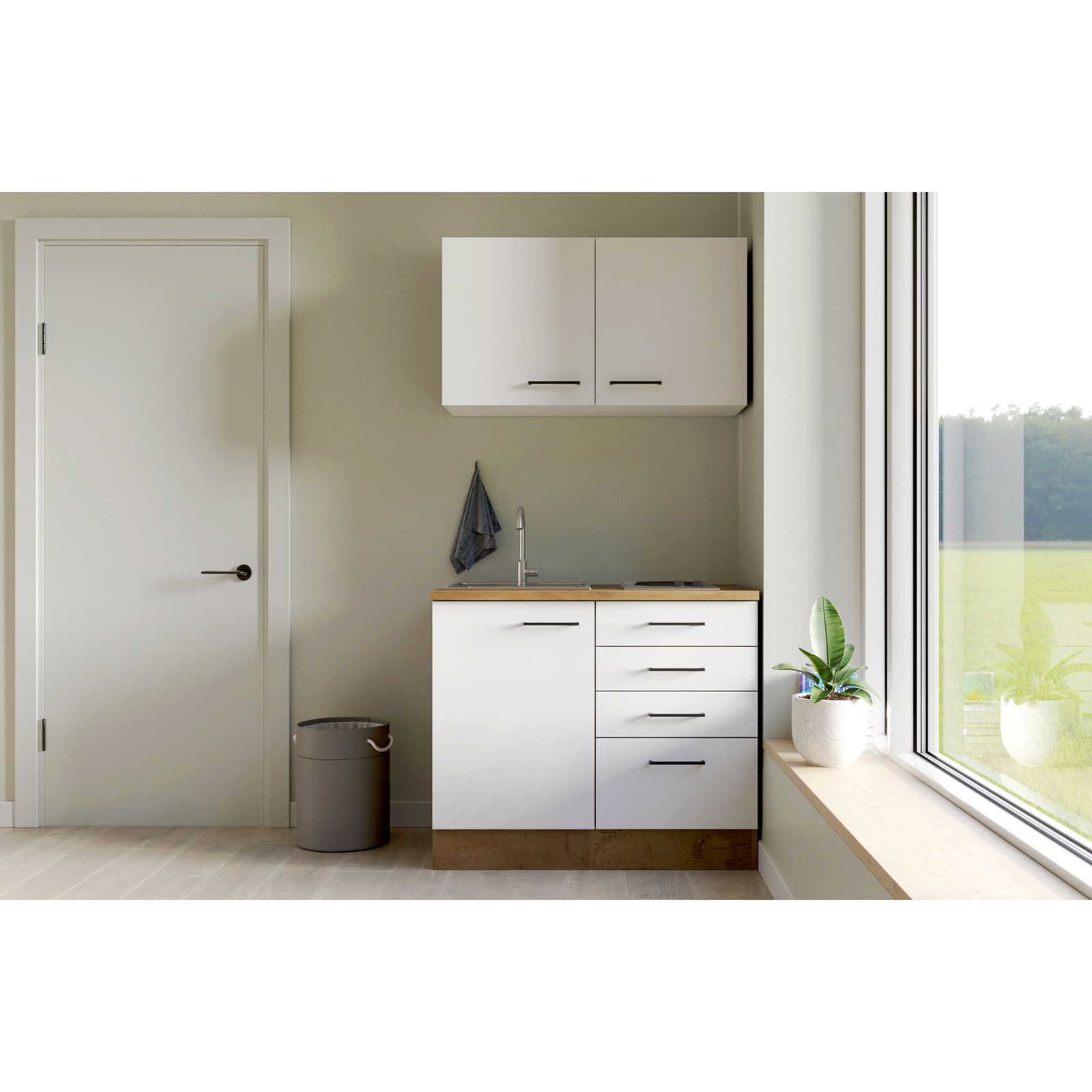 Küchenblock VINTEA - Magnolia matt - Lancelot Oak - mit Kochfeld - 100 cm