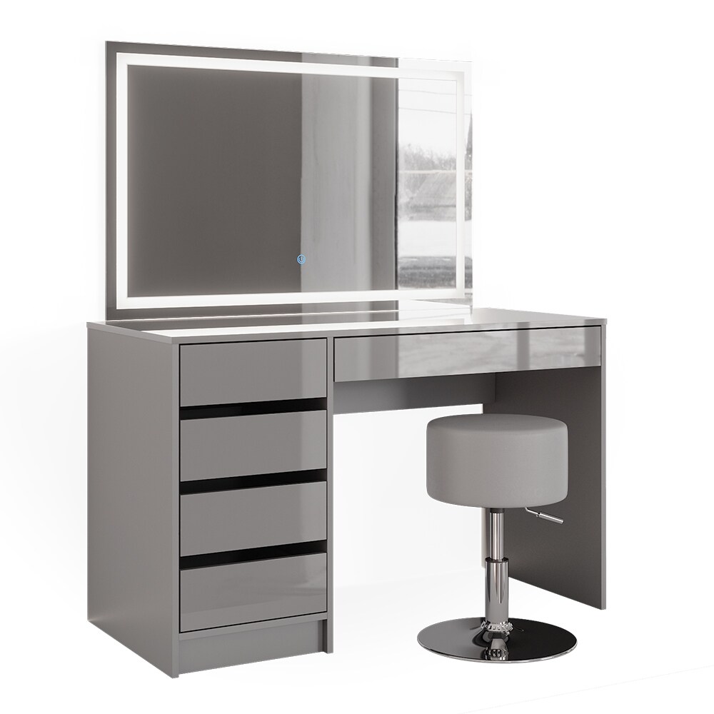 Vicco Schminktisch Frisiertisch Frisierkommode Sherry Grau LED-Spiegel Hocker 120x75 cm modern Schlafzimmer Kommode Schublade Ablage Aufbewahrung Kosmetiktisch Make-Up-Tisch Hochglanz