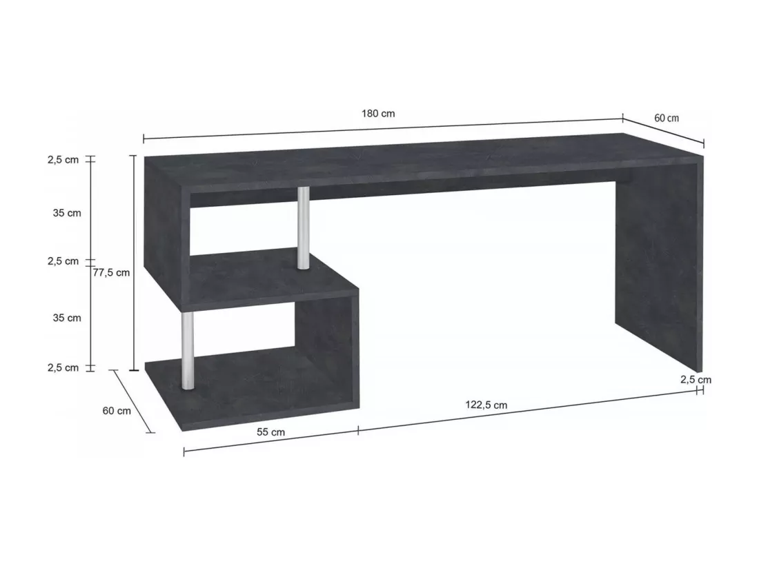Bureau Dmarusi, Bureau PC Linéaire, Table de bureau polyvalente, Bureau gain de place multi-positions, 100% Made in Italy, 180x60h78 cm, Ardoise