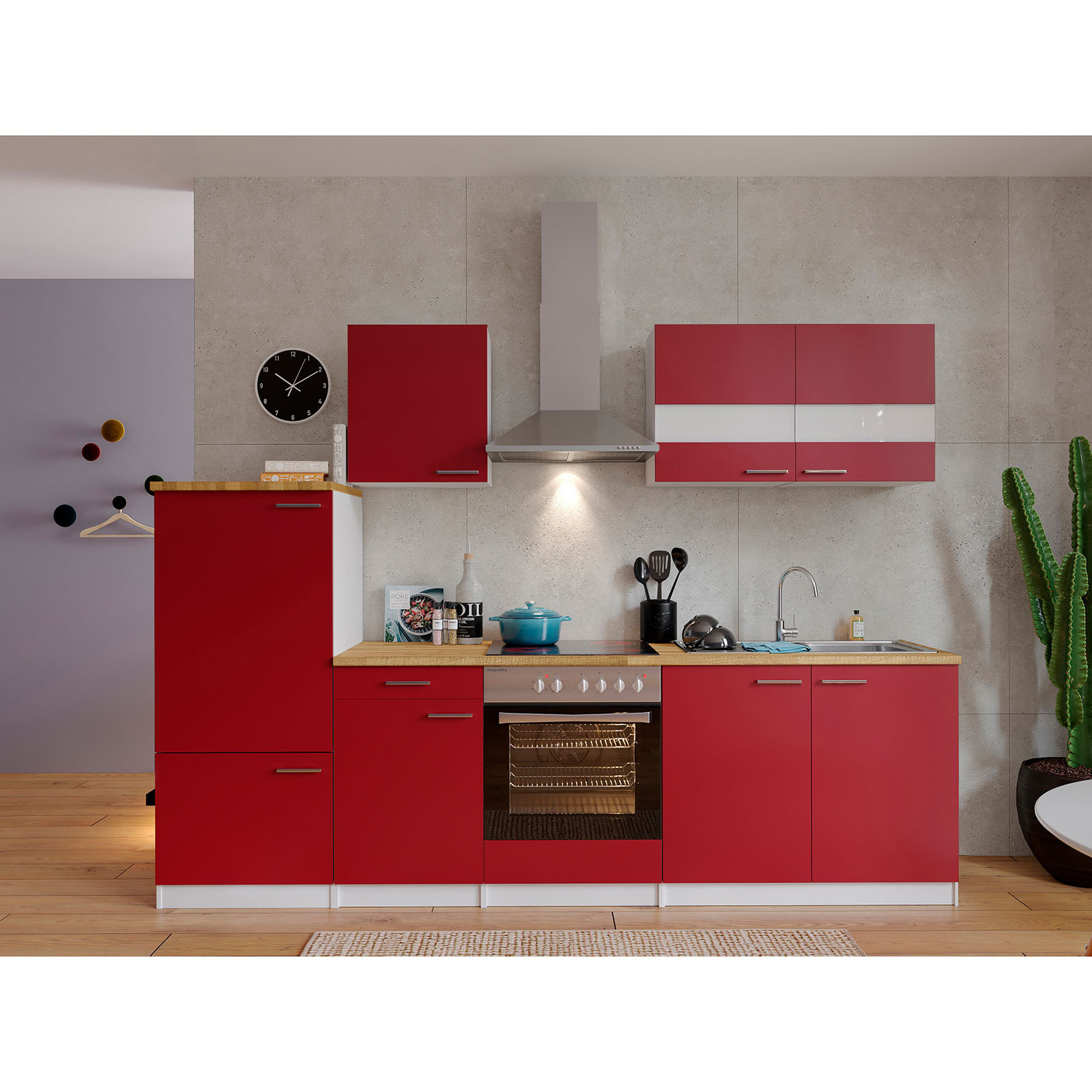 RESPEKTA Küchenblock - rot-weiß - mit E-Geräten - 270 cm