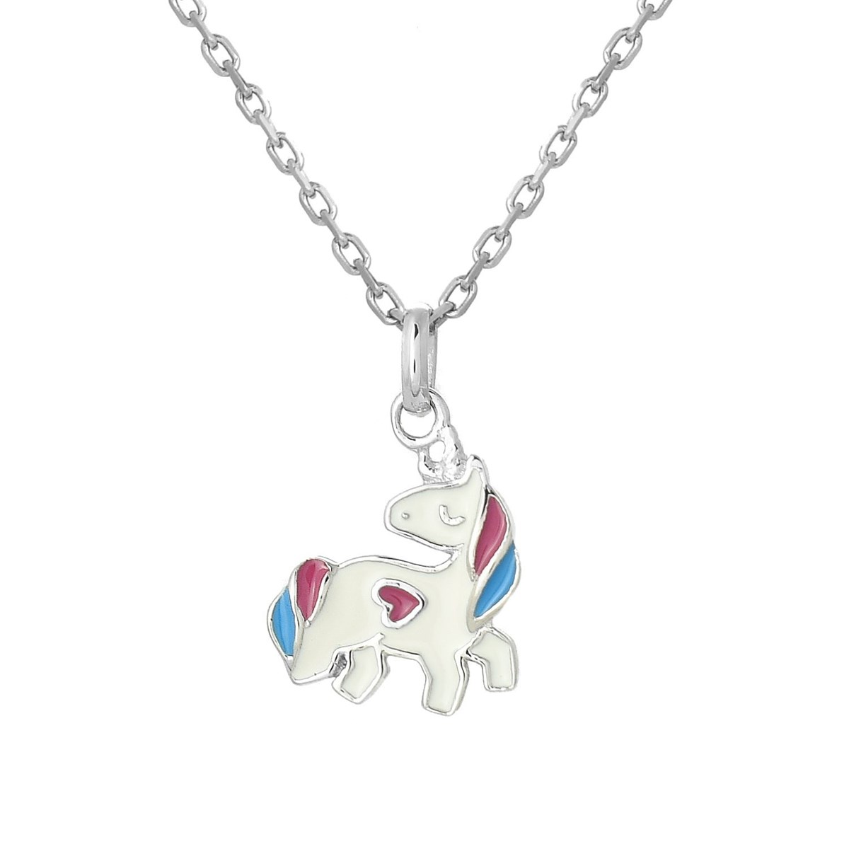 Collier licorne coeur émail coloré Argent 925 Rhodié