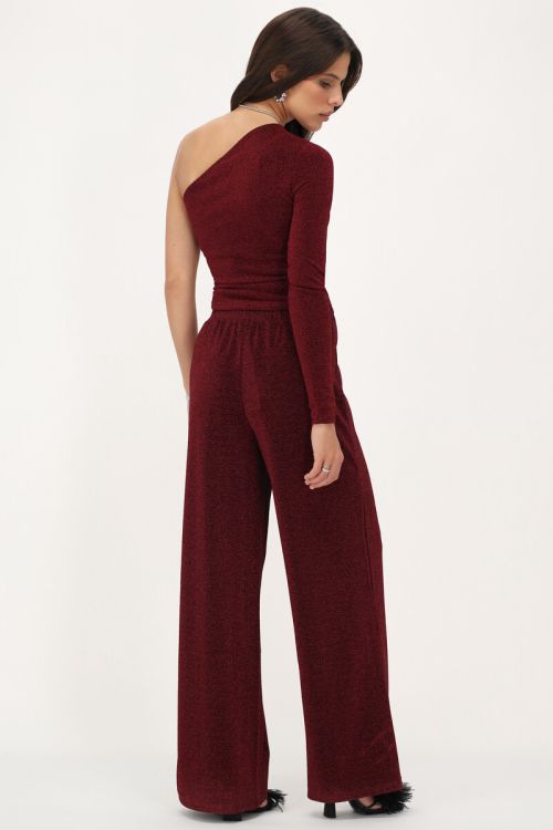 Burgundy lurex wide leg broek